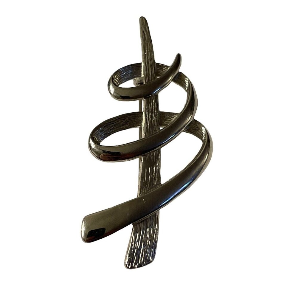 Vintage JJ 1986 Brooch Pin Silver‎ Tone Modernist Swirl Tornado Design Abstract